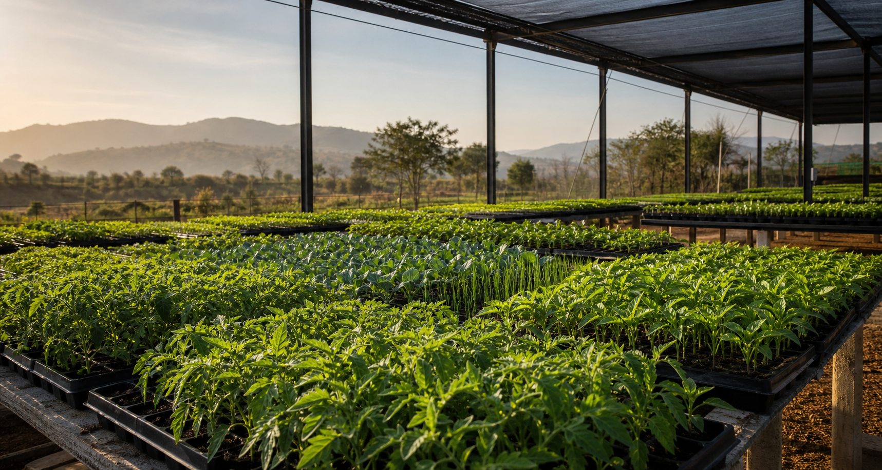 Healthy commercial seedling trays at a Goliath Farmazon nursery